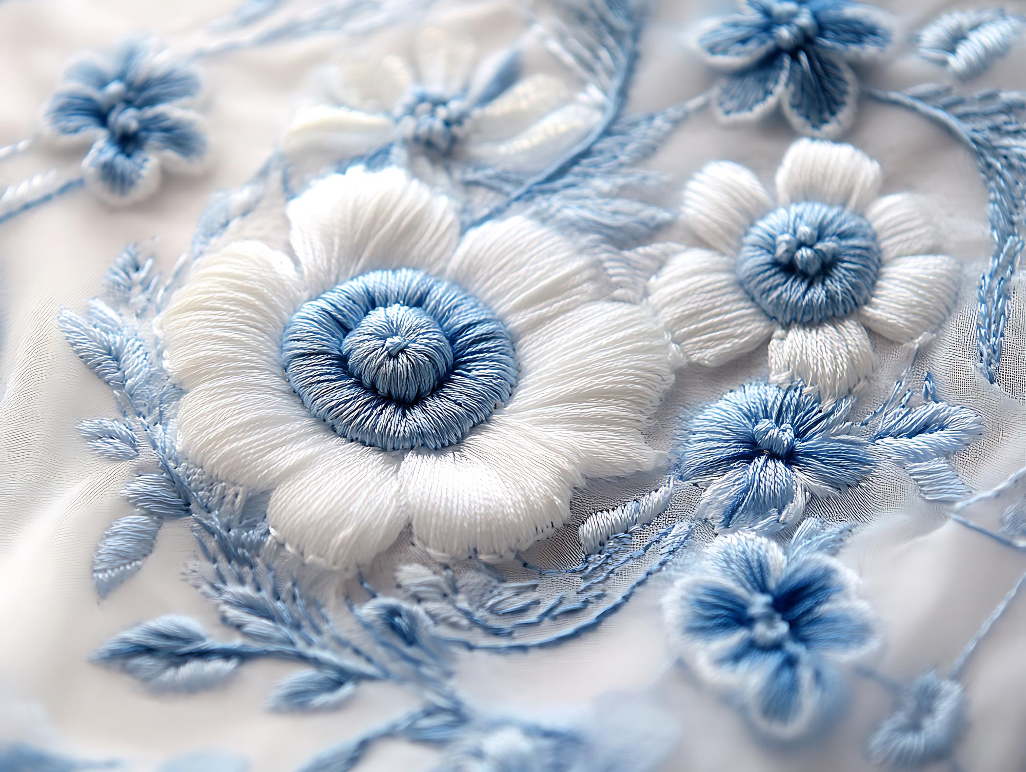 Close-up of embroidered floral pattern with fine threads